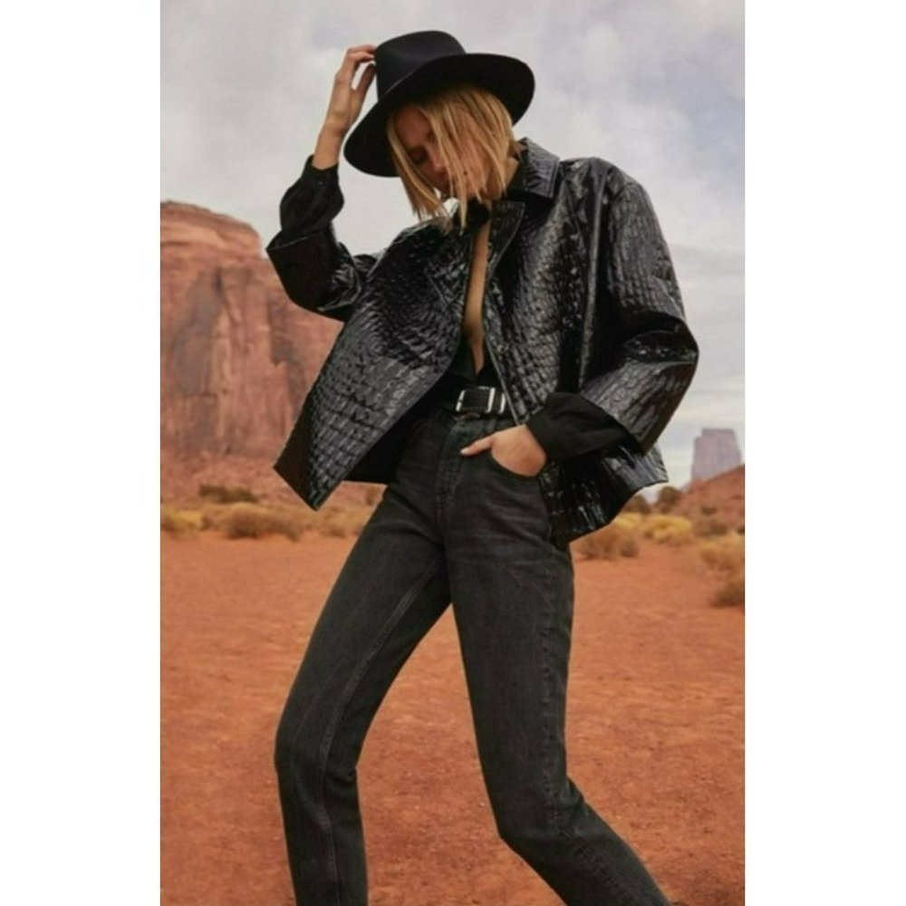 Anine Bing Liza Black Croco Jacket Faux Patent Leather Structured Minimalist M